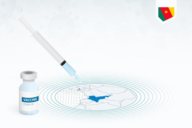 Vaccinazione covid-19 in camerun, illustrazione della vaccinazione contro il coronavirus con flacone di vaccino e iniezione di siringhe nella mappa del camerun.