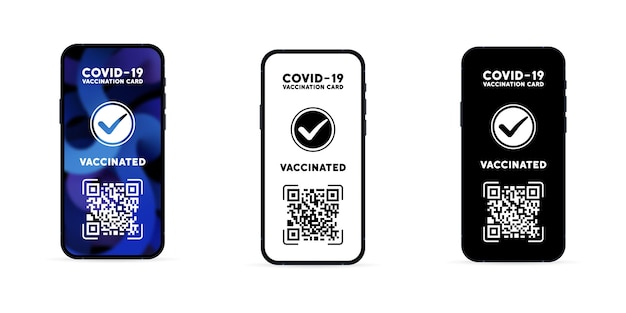 Set di icone della scheda di vaccinazione covid 19. certificato online sullo schermo del telefono con codice qr. passaporto del vaccino. vettore eps 10. isolato su sfondo bianco