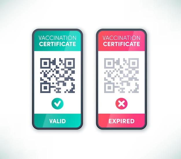 Covid-19 certificato di vaccinazione codice qr schermo dello smartphone set vettoriale. app per pass di immunità elettronica