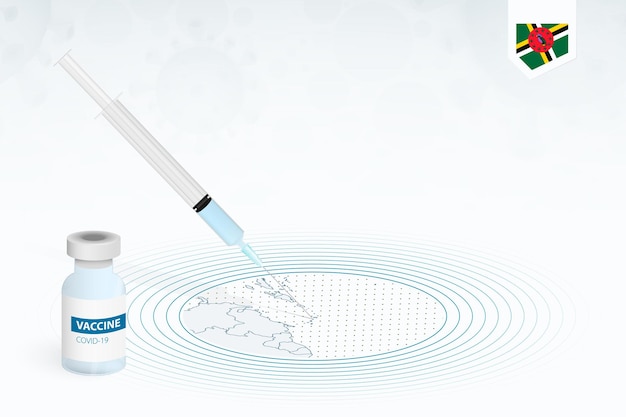 Vettore vaccinazione covid-19 in dominica, illustrazione di vaccinazione contro il coronavirus con flacone di vaccino e iniezione di siringhe nella mappa della dominica.