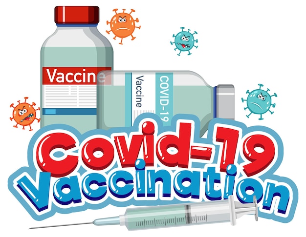 Vector covid-19 vaccination font with a boy holding vaccine bottle and syringe