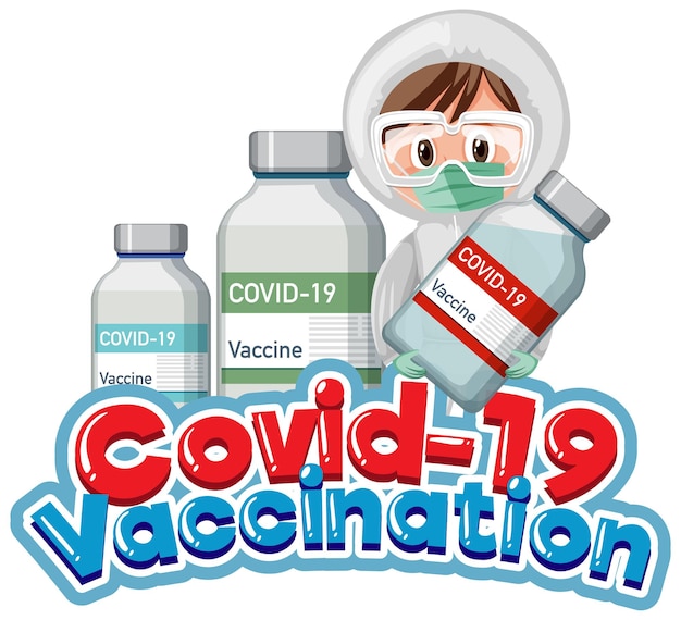 Carattere di vaccinazione covid-19 con un medico che tiene in mano una bottiglia di covid-19