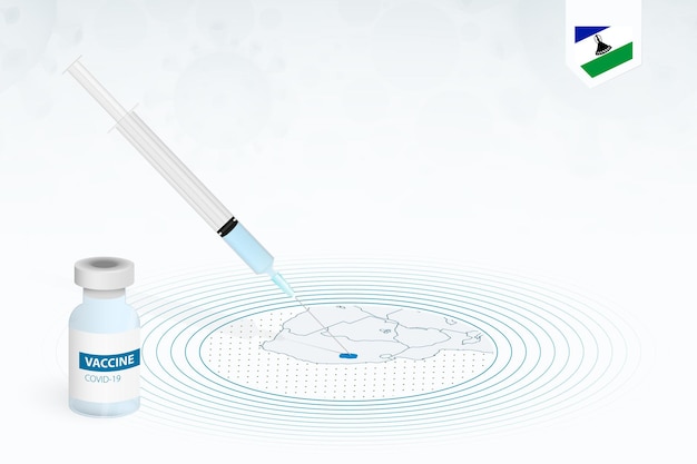 Вакцинация против covid-19 в лесото, иллюстрация вакцинации против коронавируса с бутылкой вакцины и инъекцией шприца на карте лесото.