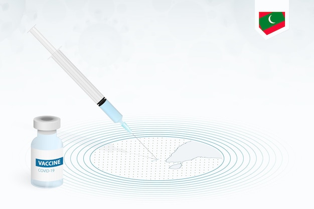 몰디브의 Covid-19 예방 접종, 몰디브 지도에 백신 병과 주사기 주입이 있는 코로나바이러스 예방 접종 그림.