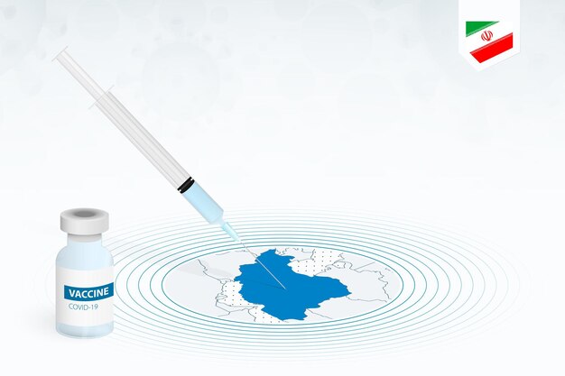 COVID-19 vaccination in Iran, coronavirus vaccination illustration with vaccine bottle and syringe injection in map of Iran.