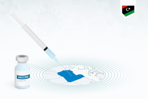 Vector covid-19 vaccination in libya, coronavirus vaccination illustration with vaccine bottle and syringe injection in map of libya.