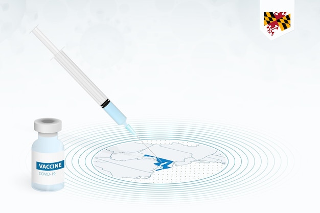 Vector covid-19 vaccination in maryland, coronavirus vaccination illustration with vaccine bottle and syringe injection in map of maryland.