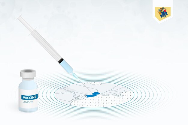 Covid-19 vaccination in new jersey, coronavirus vaccination illustration with vaccine bottle and syringe injection in map of new jersey.