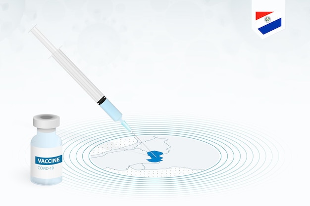 Vaccinazione covid-19 in paraguay, illustrazione della vaccinazione contro il coronavirus con flacone di vaccino e iniezione di siringhe nella mappa del paraguay.