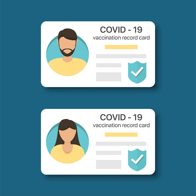 COVID-19 vaccination record card for men and woman. Immunity Covid-19 certificate in a flat design