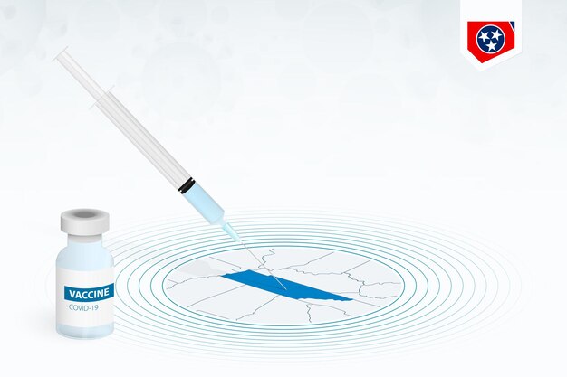 COVID-19 vaccination in Tennessee, coronavirus vaccination illustration with vaccine bottle and syringe injection in map of Tennessee.