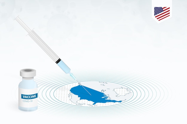 COVID-19 vaccination in USA, coronavirus vaccination illustration with vaccine bottle and syringe injection in map of USA.