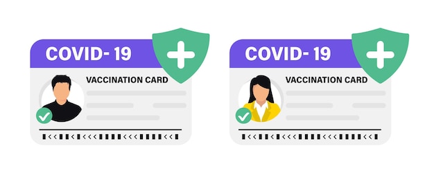 Covid-19ワクチンパスポート。タイムパンデミックの旅行のための予防接種証明書、医療カードまたはパスポート。予防接種カード、男性と女性のベクトルイラスト。国際イミュニティ証明書