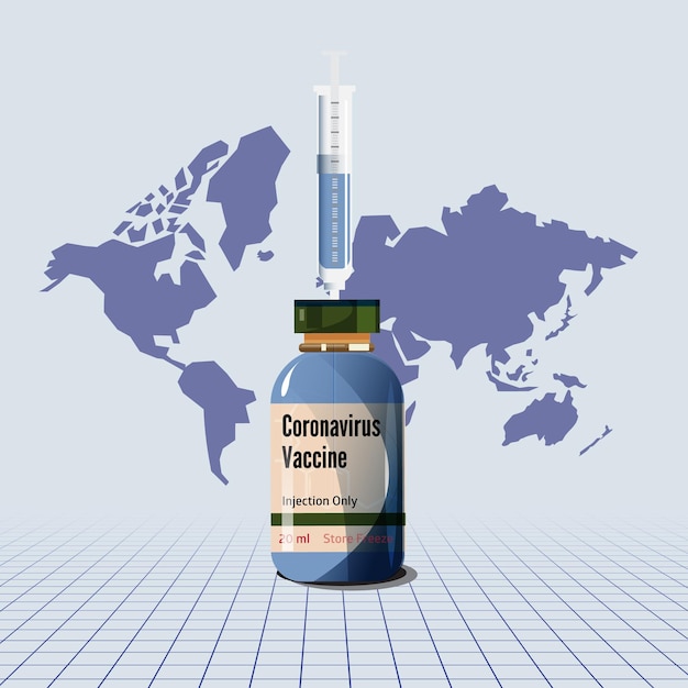 Vector covid-19 vaccine with world map - vector illustration