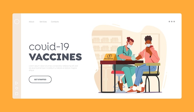 Vector covid-19 vaccines and vaccination landing page template. doctor character injecting coronavirus remedy to patient arm. woman sitting in medical cabinet apply drug. cartoon people vector illustration