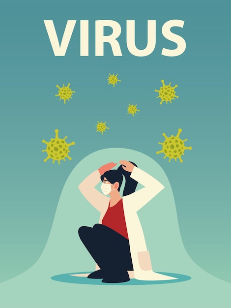 Защита от вирусов covid 19 и женщина-врач с дизайном маски для лица 2019 ncov cov и тема коронавируса