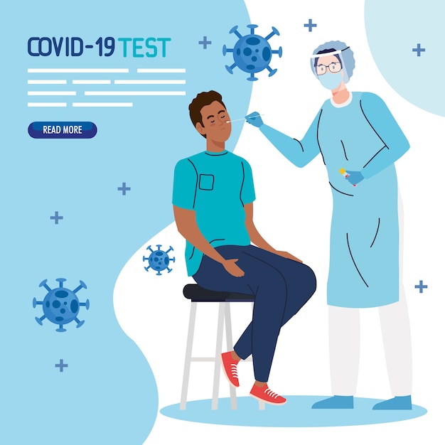 Covid 19 바이러스 테스트 의사와 NCOV COV 및 코로나 바이러스 테마의 의자 디자인에 흑인