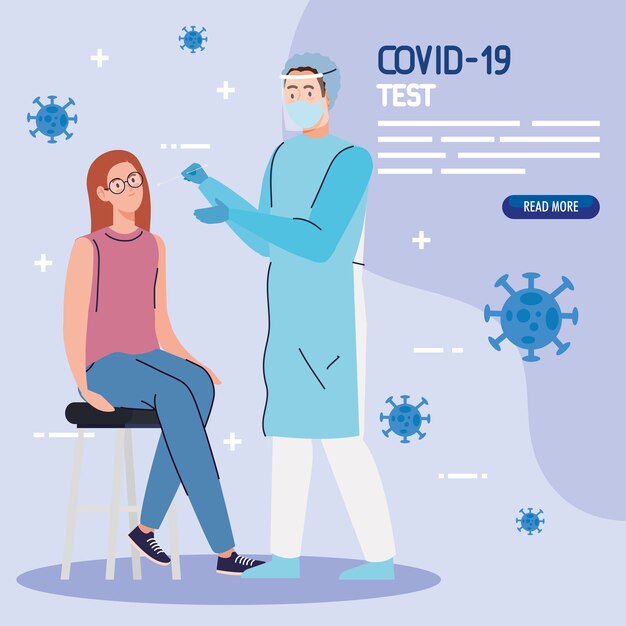 Covid 19 virus test medico e ragazza con gli occhiali sulla sedia design di ncov cov e tema coronavirus