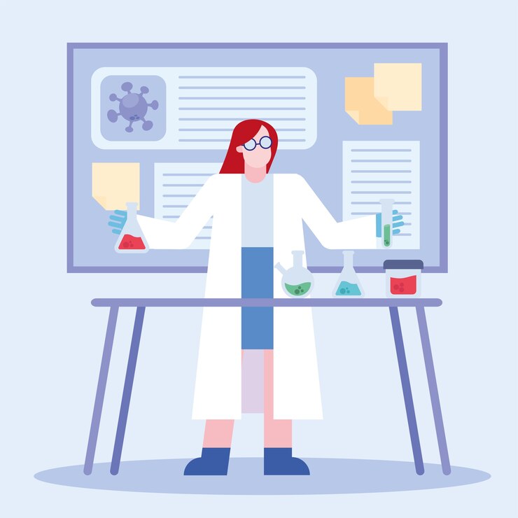 Vector covid 19 virus vaccine research and chemical woman with flasks design of 2019 ncov cov and coronavirus theme vector illustration