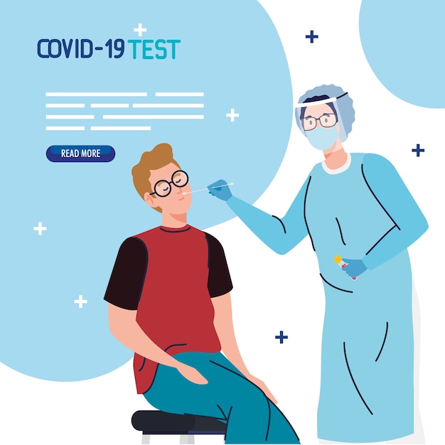 Covid 19 virustest arts en jongen op stoelontwerp van ncov cov en coronavirus-thema