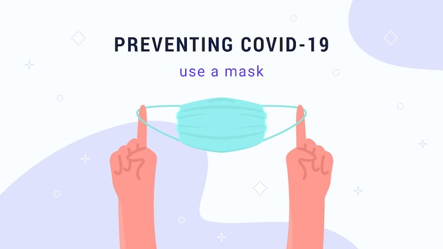Vector covid-19 voorkomen met een medisch gezichtsmasker. platte vectorillustratie van menselijke handen die een medisch masker tonen als een manier om jezelf te beschermen tegen coronavirus en andere griep tijdens quarantainetijd