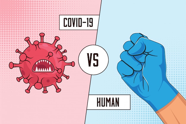 Covid-19 vs human. bestrijd het coronavirusconcept met rode cartoonvirusbacteriën versus een menselijke vuist in blauwe beschermende medische handschoen.