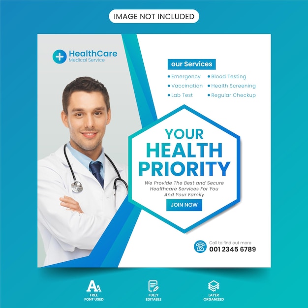 Covid 9 Medical Healthcare Clinic Social Media Post Banner Squire Flyer Design vector Template