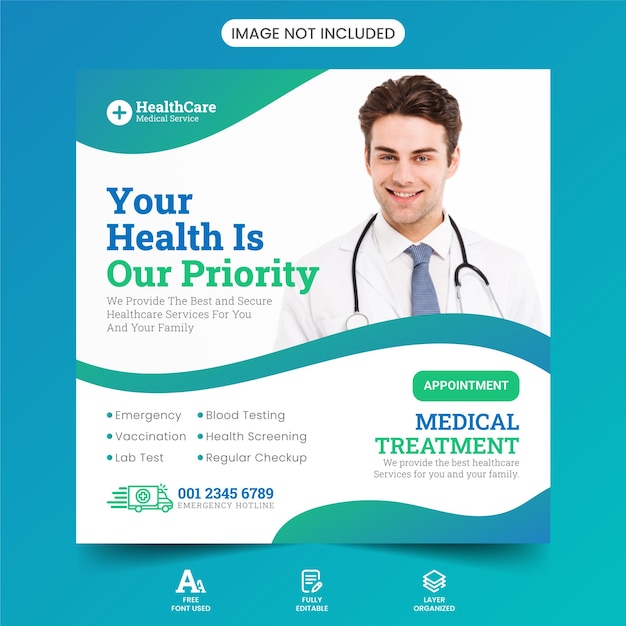 Covid 9 Medical Healthcare Clinic Social Media Post Banner Squire Flyer Design vector Template