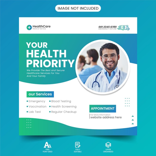 Covid 9 medische gezondheidszorg kliniek Social Media Post Banner Squire Flyer vector ontwerpsjabloon