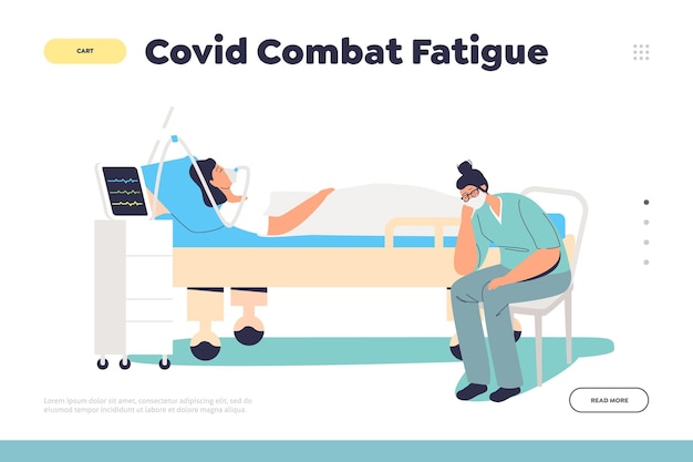 Covid combat fatigue concept of landing page with tired nurse sleeping near patient with oxygen mask. Medical worker overworked during coronavirus pandemic outbreak. Flat vector illustration