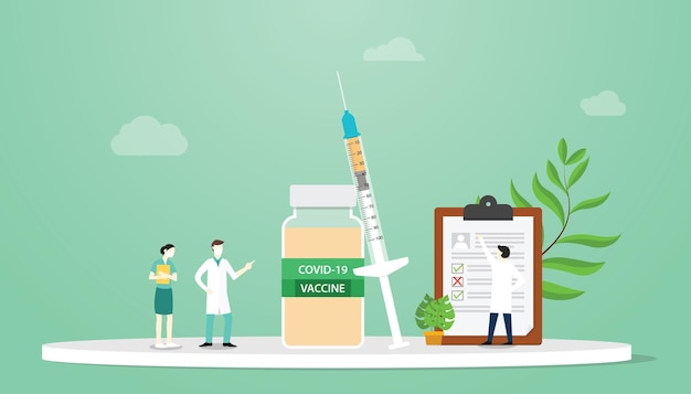 Концепция вакцины против коронавируса covid с врачом команды и лабораторным аналитиком