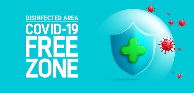 Covid free vector banner design covid19 free zone text with virus shield and protection elements