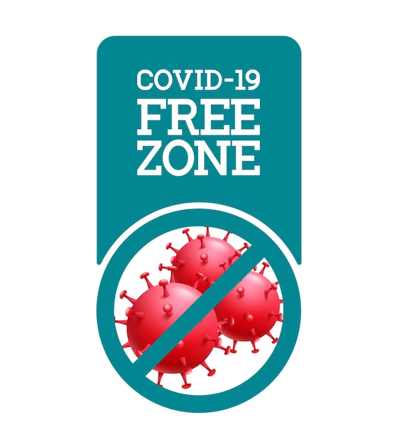 Design del poster vettoriale gratuito covid19 testo della zona franca nel segno del logo con icona di protezione antivirus