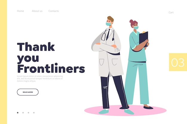 Covid frontliners landing page concept with doctor and nurse during coronavirus epidemic wearing uniform and masks. Cartoon medical workers. Pandemic and medicine concept. Flat vector illustration