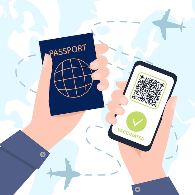 Covid passport for travel concept with vaccine and certificate hands with phone digital covid certi