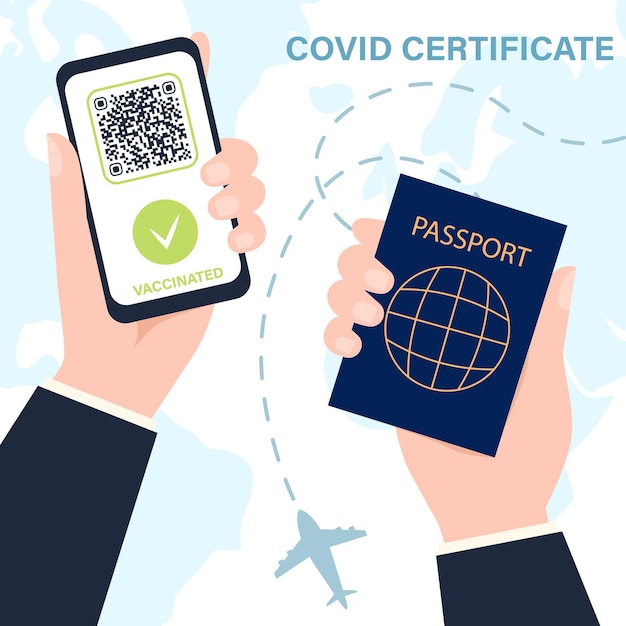 Vector covid passport for travel concept with vaccine and certificate hands with phone digital covid