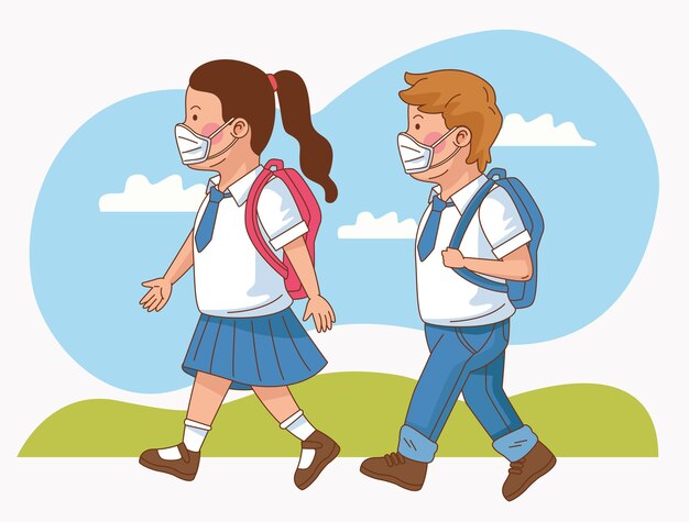 Covid preventief op schoolscène met lopend klein studentenpaar