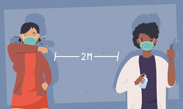 Vector covid prevention, couple wearing medical mask in distancing social  illustration design
