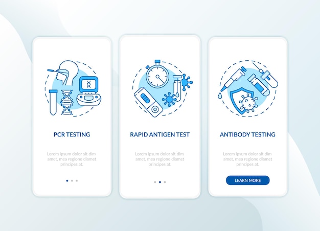 Covid testing types onboarding mobile app page screen with concepts