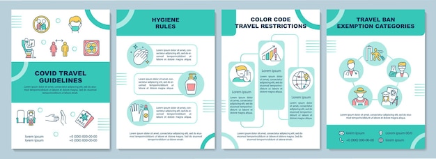 Covid travel guidelines  template. Social distance of landing. Flyer, booklet, leaflet print, cover design with linear icons.