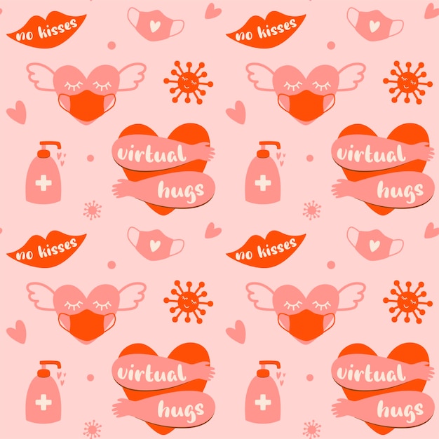 Covid valentines day pattern 2021 social distance virtual heart coronavirus 14 february pink love background