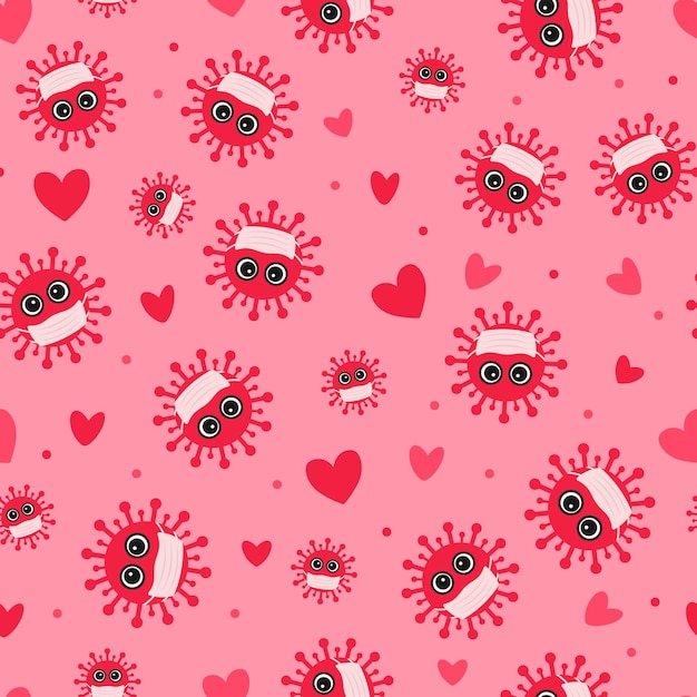 Modello senza cuciture di covid valentines day virus carino che indossa una maschera protettiva concetto di pandemia di coronavirus sfondo vettoriale di amore di distanza sociale per carte tessuto carta da imballaggio tessile ecc