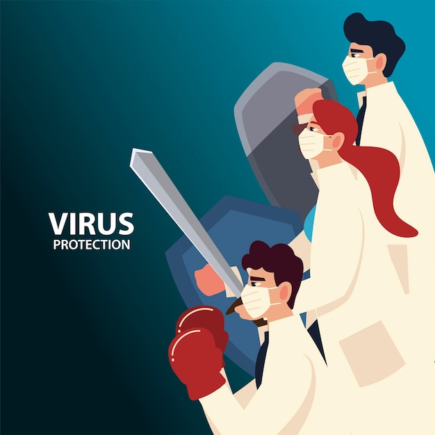 코로나 바이러스 테마의 마스크와 방패가있는 Covid 바이러스 보호 및 의사