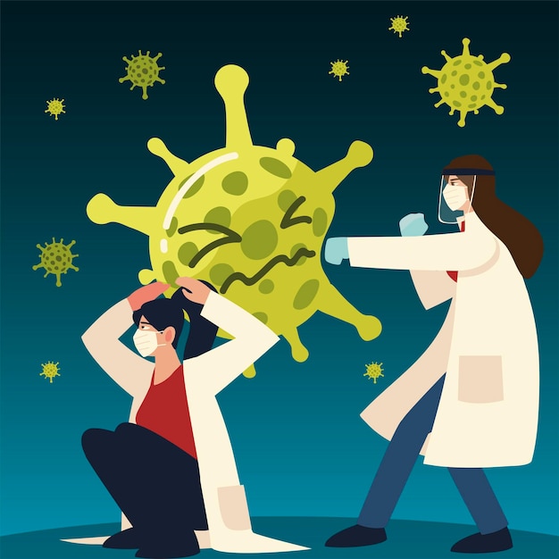 벡터 코로나 바이러스 테마의 마스크와 장갑을 착용 한 covid 바이러스 보호 및 여성 의사