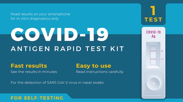 Modello di etichetta per autotest rapido dell'antigene covid19 kit diagnostico per tampone nasale per virus corona medico layout di progettazione di imballaggio vettoriale banner tipografico moderno con dispositivo di test realistico sfondo isolato