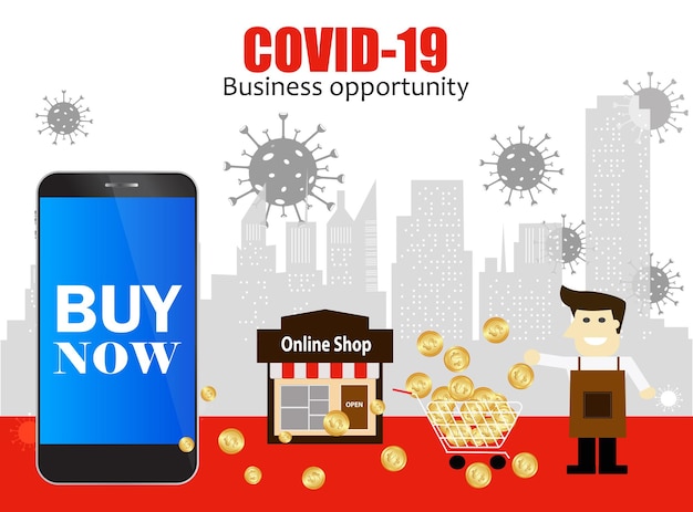 Covid19 e progettazione del concetto di sopravvivenza delle opportunità di business illustrazione vettoriale del design piatto del mercato online