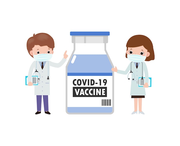 Covid19 o coronavirus 2019ncov concetto di vaccino felice team di medici asiatici con fiala di vaccino