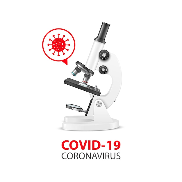 Covid19 коронавирус баннер вектор 3d реалистичный белый лабораторный микроскоп и вирус бактерии химия биология инструмент научная лаборатория исследования образования концепция дизайна шаблона вид спереди