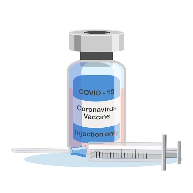 Covid19 coronavirus concetto flaconcino di vaccino e siringa pandemia covid19 focolaio isolato icona piatta