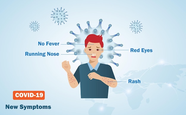 Vector covid19 coronavirus new symptoms man suffering from running nose red eyes and rash